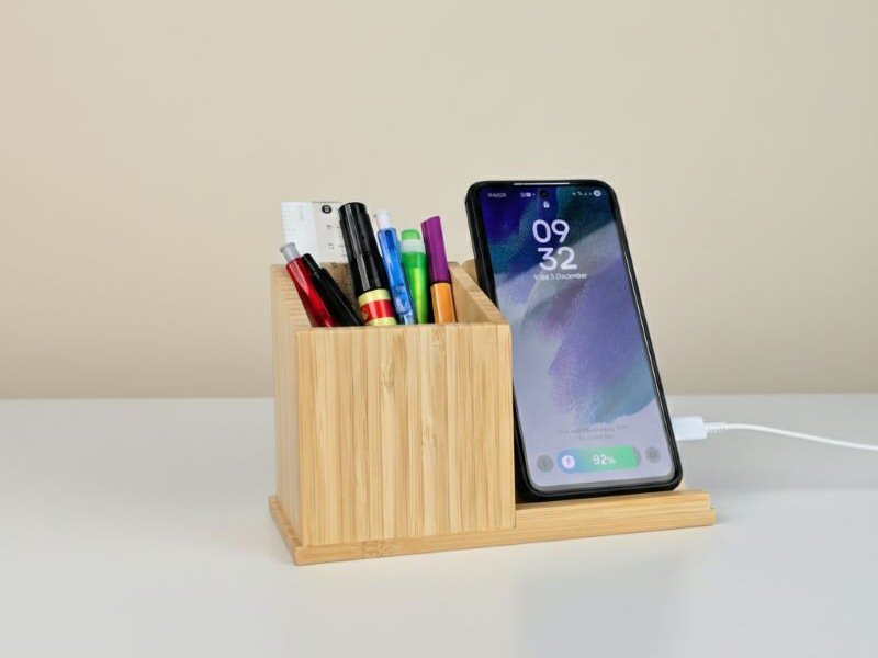 Bamboo Desk Organizer Wireless Charger & Stand